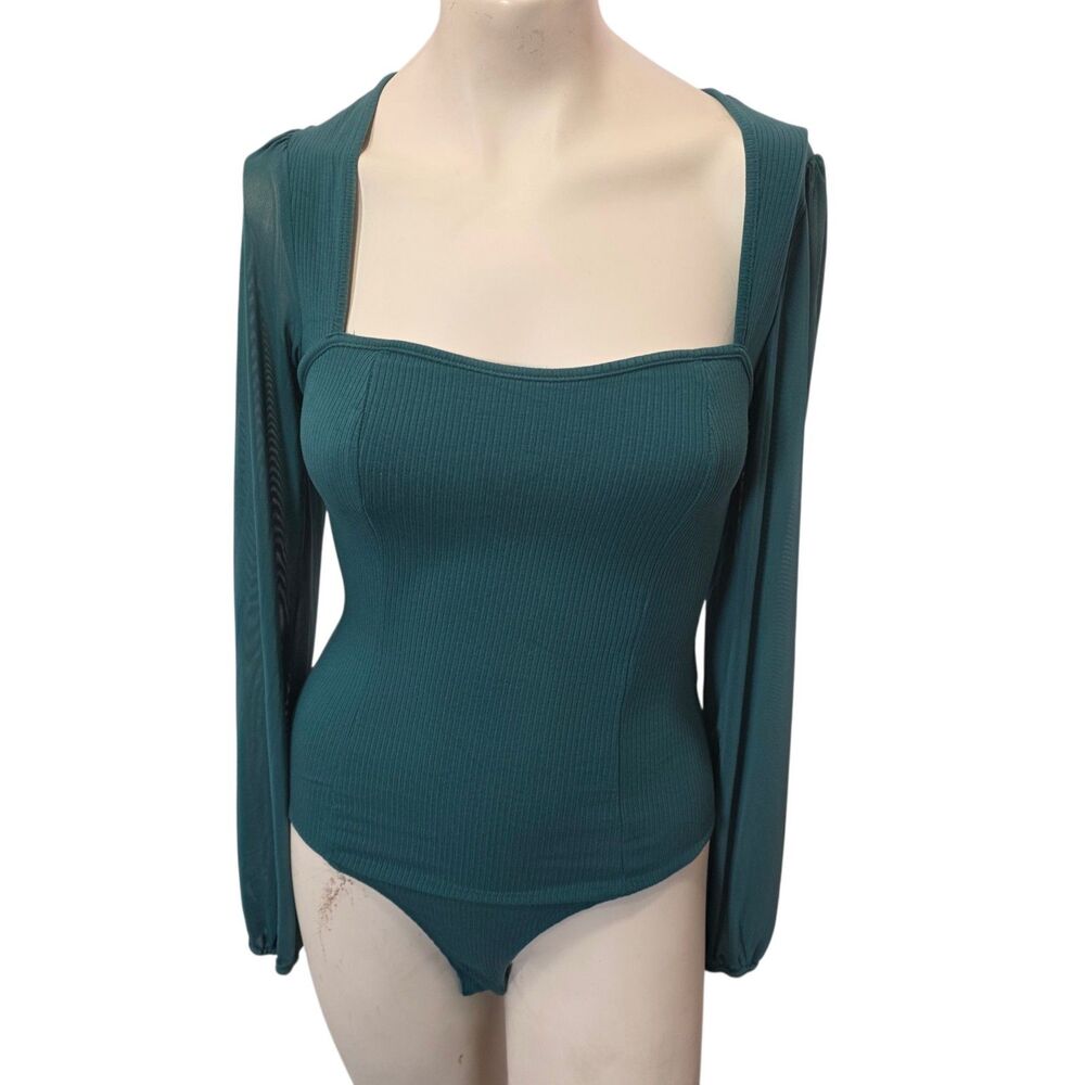 GUESS Teal Ribbed Square Neck Bodysuit Sheer Long Sleeve Women's Medium